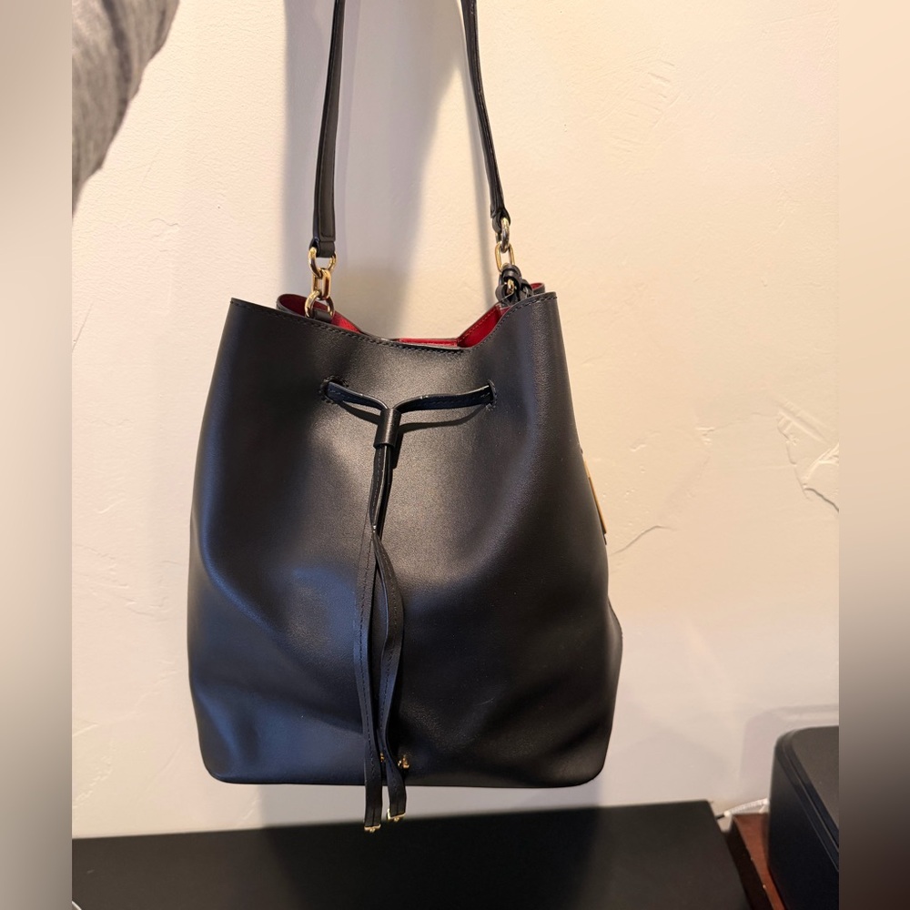 Lauren Ralph Lauren Dryden Debby II Black Red Drawstring Bucket Bag Purse